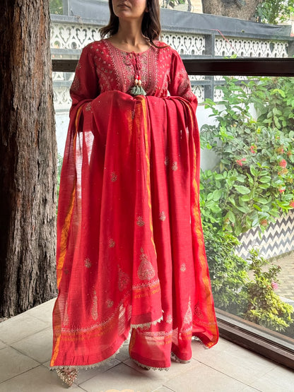 Brick Red Moonga Silk Chikankari Anarkali With Dupatta