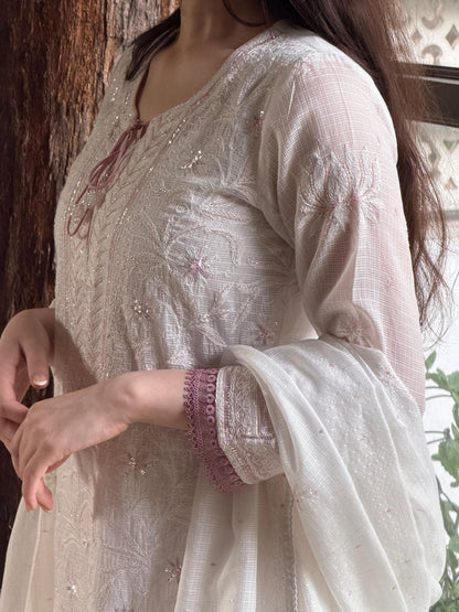 Powder Mauve Shade Kota Pearl Work Chikankari Kurta Set