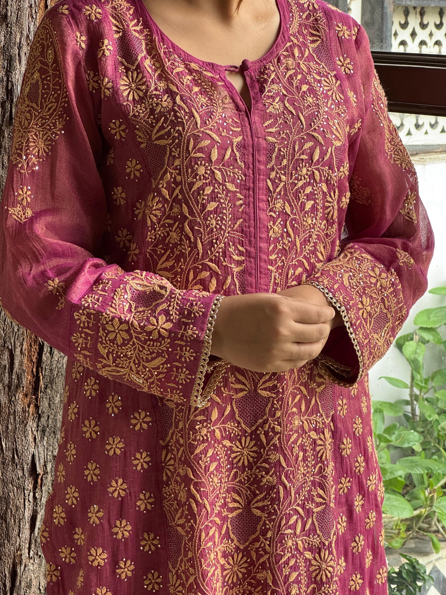 Cranberry Pink Shade Tissue Silk Chikankari Straight Cut Kurta Dupatta Set