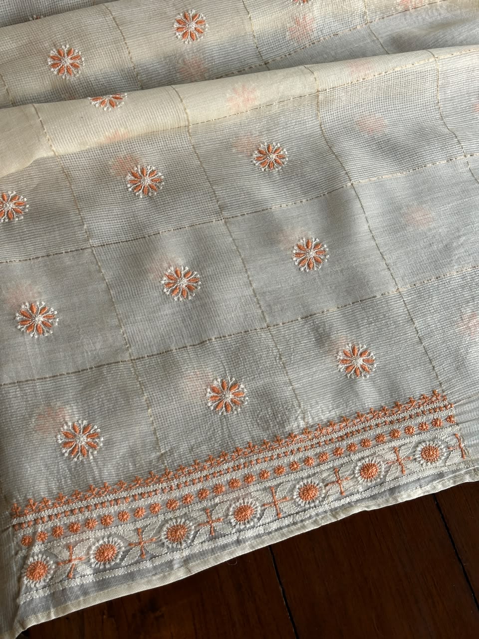 Cream Shade Tissue Zari Kota Chikankari Unstitched Fabric