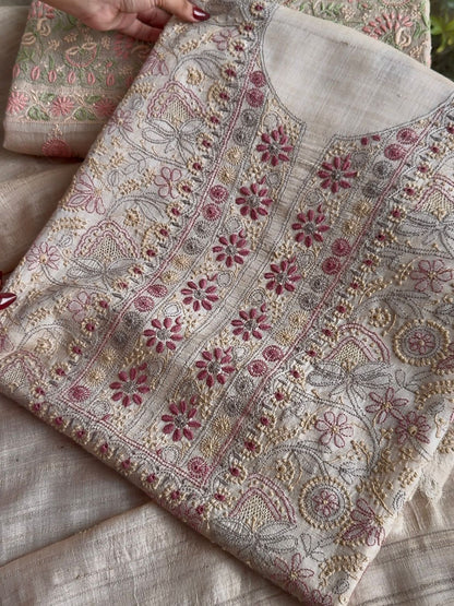 Natural Tussar Silk Chikankari Fabric