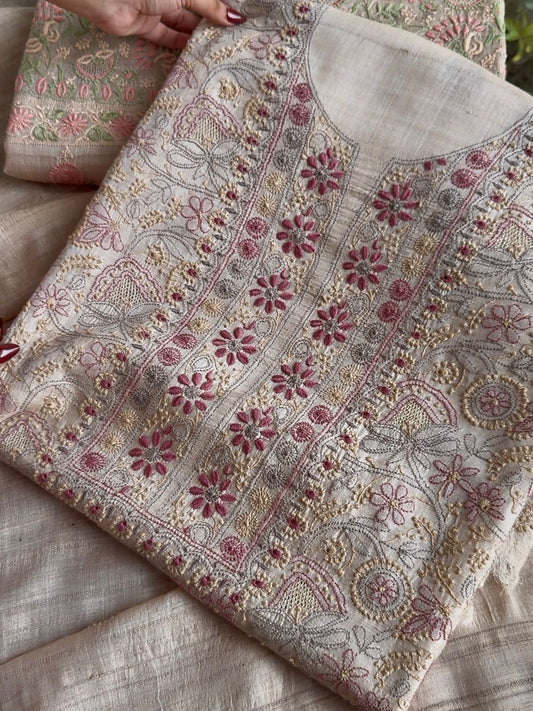 Natural Tussar Silk Chikankari Fabric