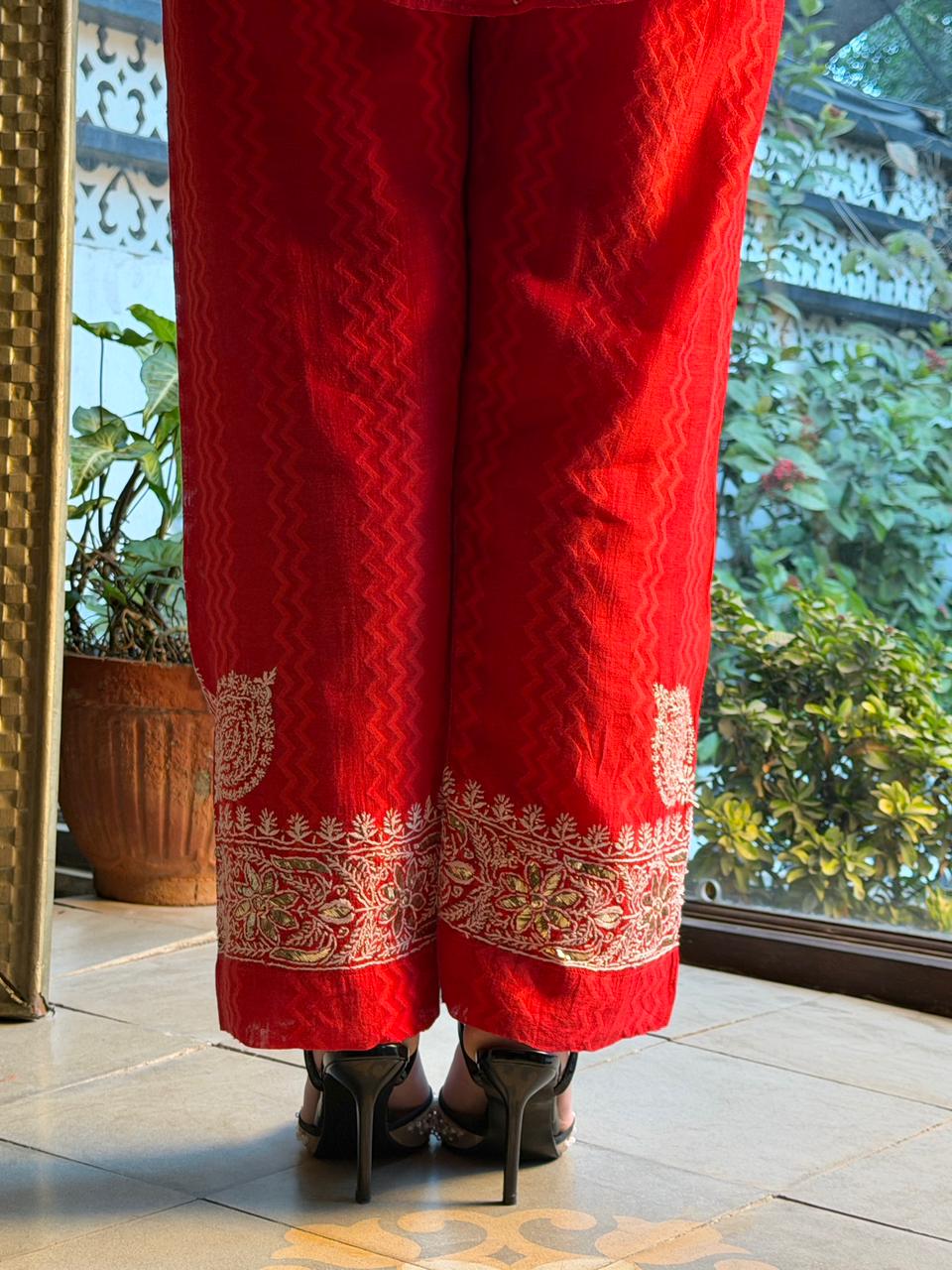 Crimson Red | Jacquard Sequins Chikankari Co-Ord Set
