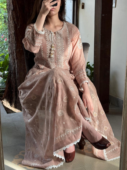 Nude Rose Mul Chanderi Mukaish Kamdani Chikankari Kurta Dupatta Set