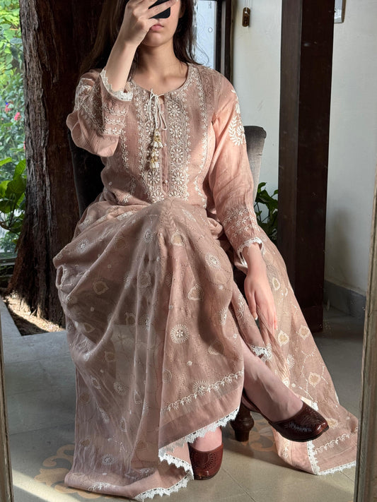 Nude Rose Mul Chanderi Mukaish Kamdani Chikankari Kurta Dupatta Set