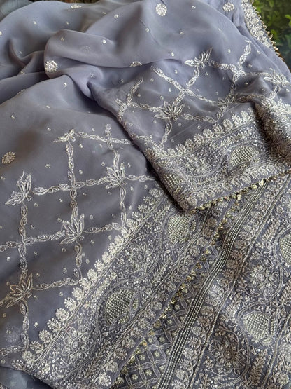 Noor Mauve Blue Chikankari Saree With Blouse