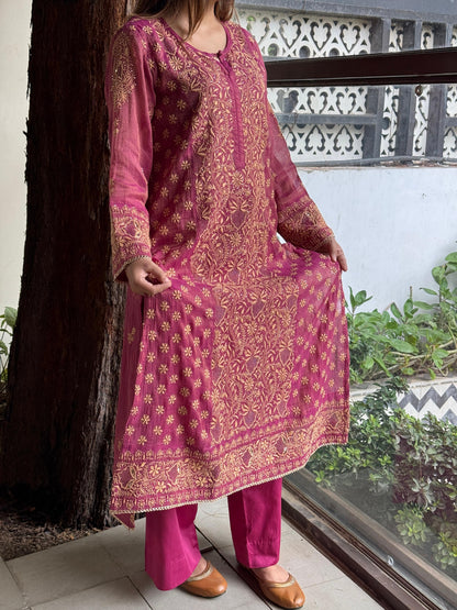 Cranberry Pink Shade Tissue Silk Chikankari Straight Cut Kurta Dupatta Set