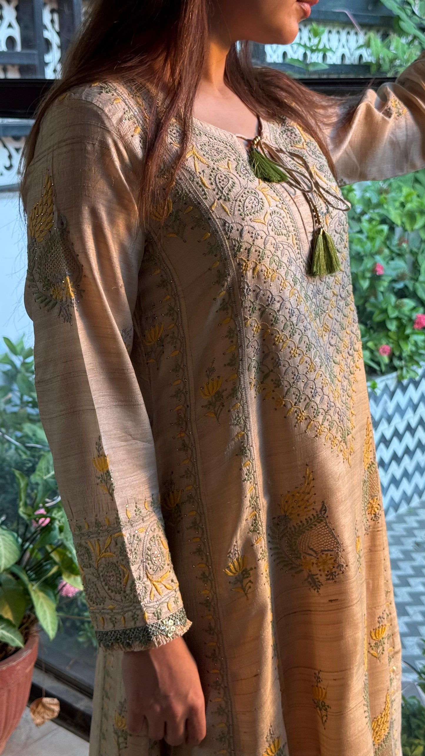 Basak Natural Tussar Silk Kalidar Chikankari Kurta Set