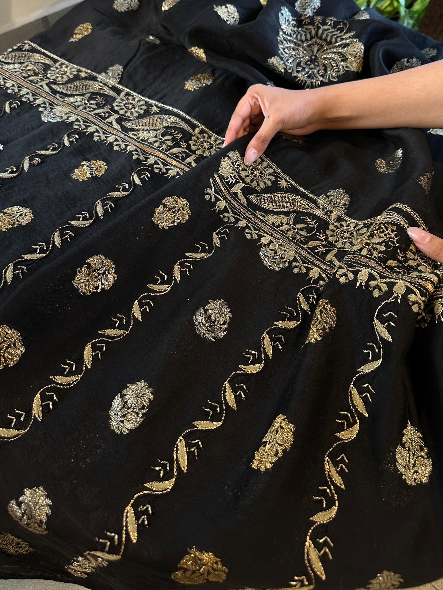Black & Grey Banarasi Zari Chanderi Unstitched Chikankari Fabric