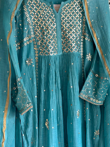 Sea Green Shade Mukaish Mul Chanderi Silk Dress