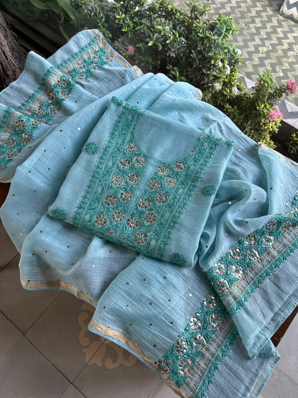 Blue Shade Mal Cotton Chikankari Unstitched Kurta Dupatta Fabric With Mukaish Badla