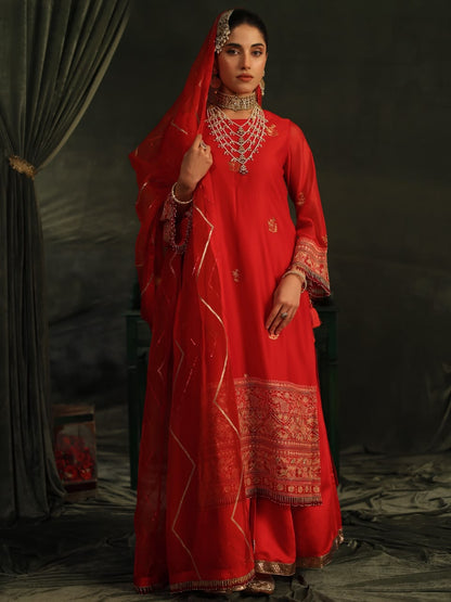 Red Katan Zari Chanderi Chikankari Kurta with Organza Dupatta & Sharara