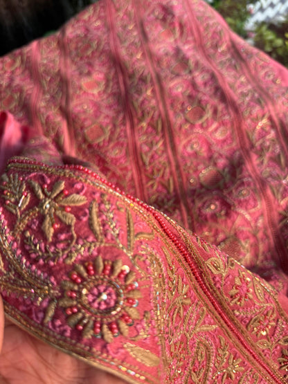 Pink Moonga Silk Chikankari Unstitched Fabric