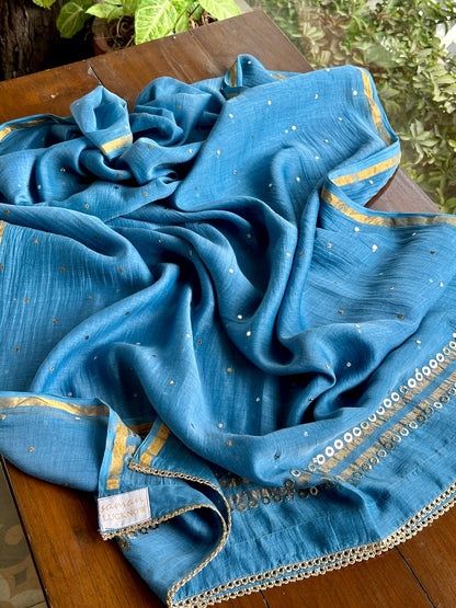 Blue Shade Mukaish Mul Chanderi Silk Dress