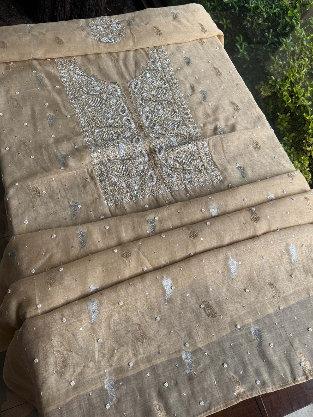 Beige Shade Banarasi Zari Chanderi Unstitched Chikankari Fabric