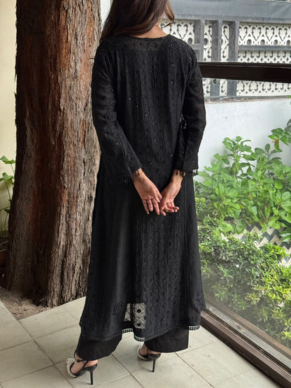 Black Malmal Pearl Work Chikankari A Line Kalidar Kurta With Dupatta