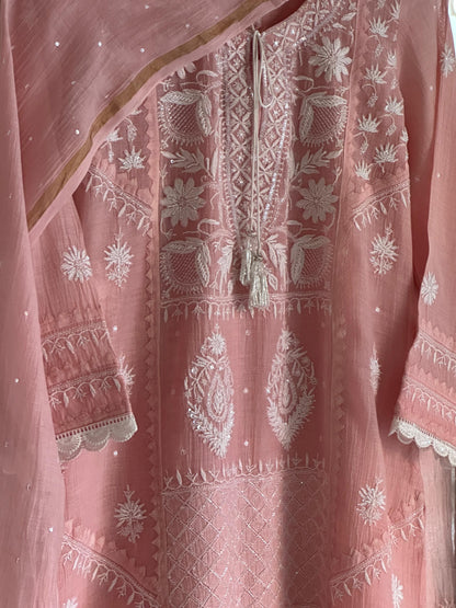 Pastel Peach Shade Malmal Pearl Work Chikankari Kurta With Dupatta