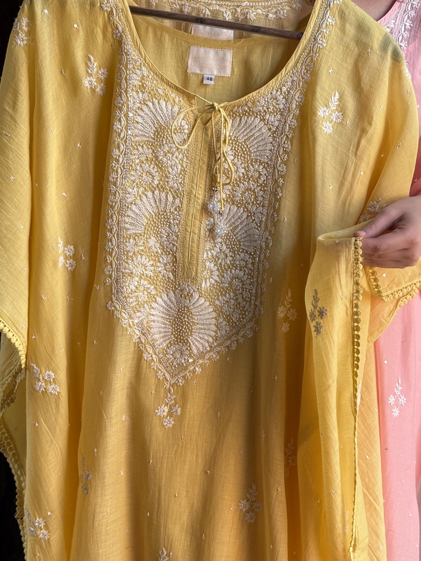 Yellow Malmal Sequinned Chikankari Kaftan