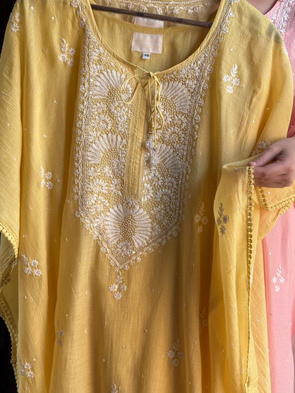 Yellow Malmal Sequinned Chikankari Kaftan