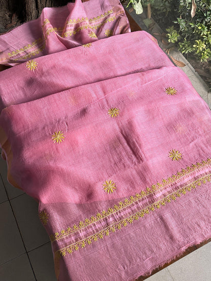 Pink Shade Zari Booti Fine Chikankari With Kamdani Work Unstitched Fabric
