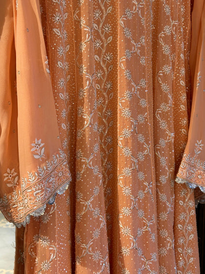 SAFFRON PEACH TUKDI CHIKANKARI ANARKALI