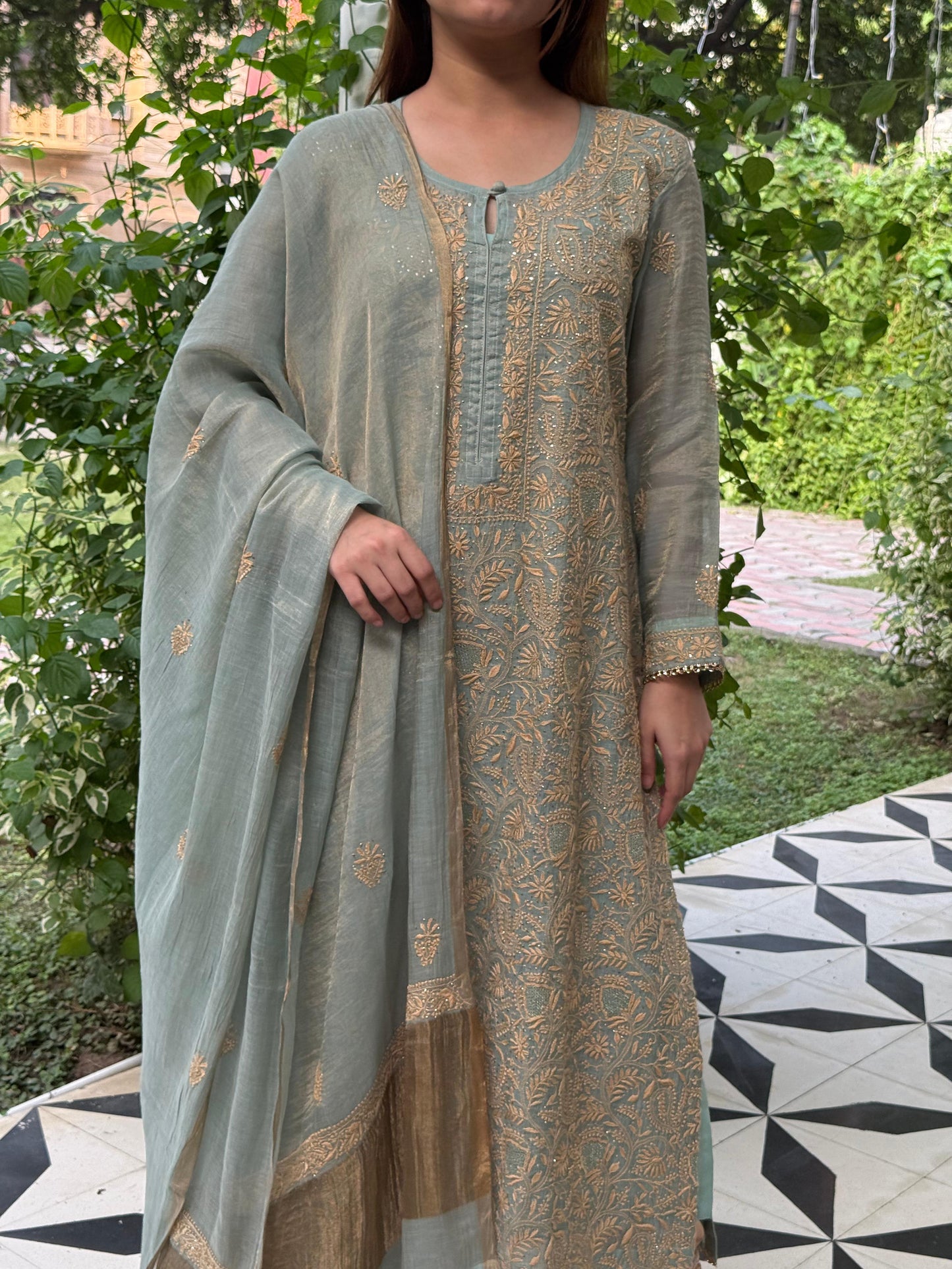 Cement Shade Tissue Silk Chikankari Straight Cut Kurta Dupatta Set