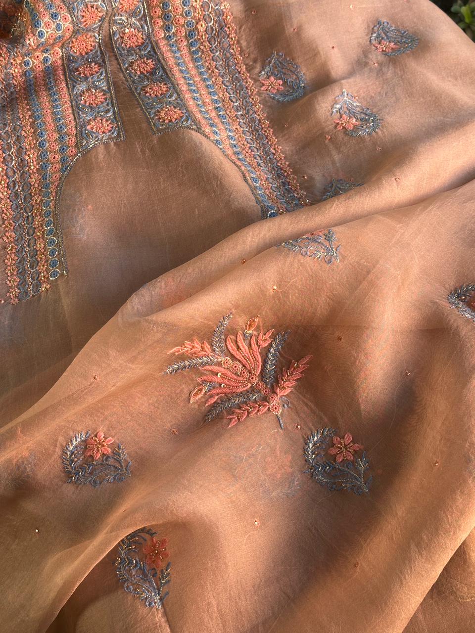 Peach Shade Noor Organza Silk Chikankari Unstitched Kurta Dupatta Set