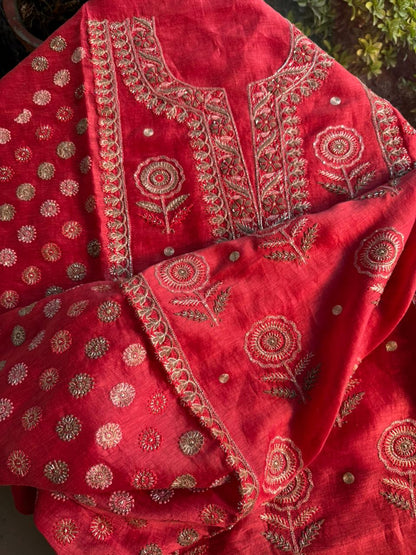 Brick Red Linen Silk Chikankari With Ari Work Unstitched Kurta Dupatta Set