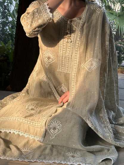 Grey Green Mulmul Pearl White Chikankari Kurta With Heavy Dupatta