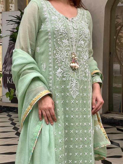 Green Shade Kota Applique Chikankari Kurta Dupatta Set