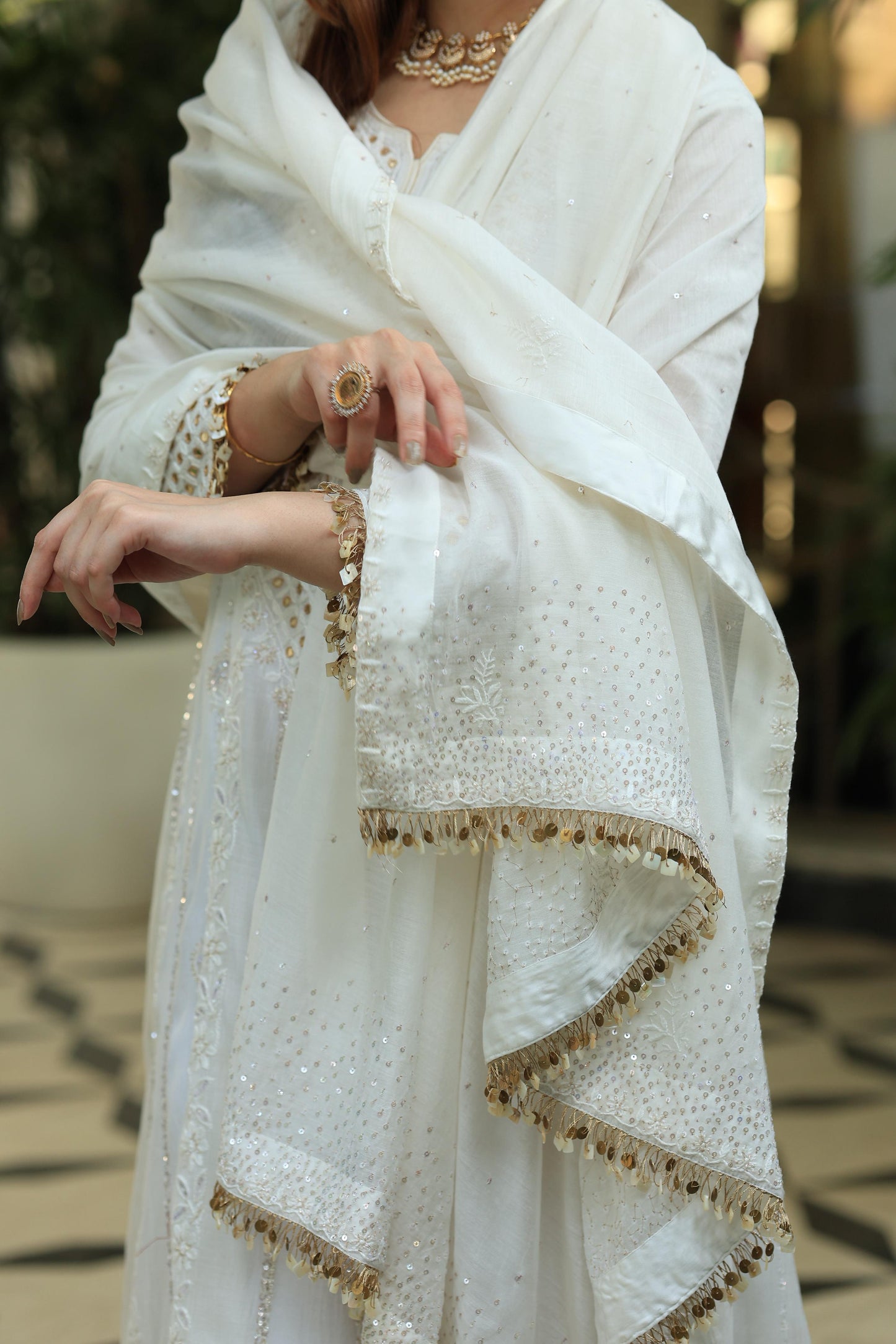White Malmal Pearl Work Chikankari A Line Kalidar Kurta With Dupatta