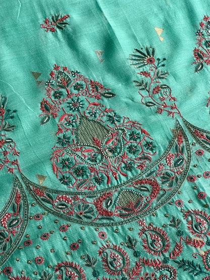 Aqua Green Shade Chanderi Chikankari Saree