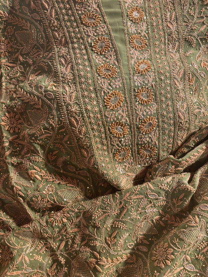 Green Superfine Pure Georgette Chikankari Kurta Set
