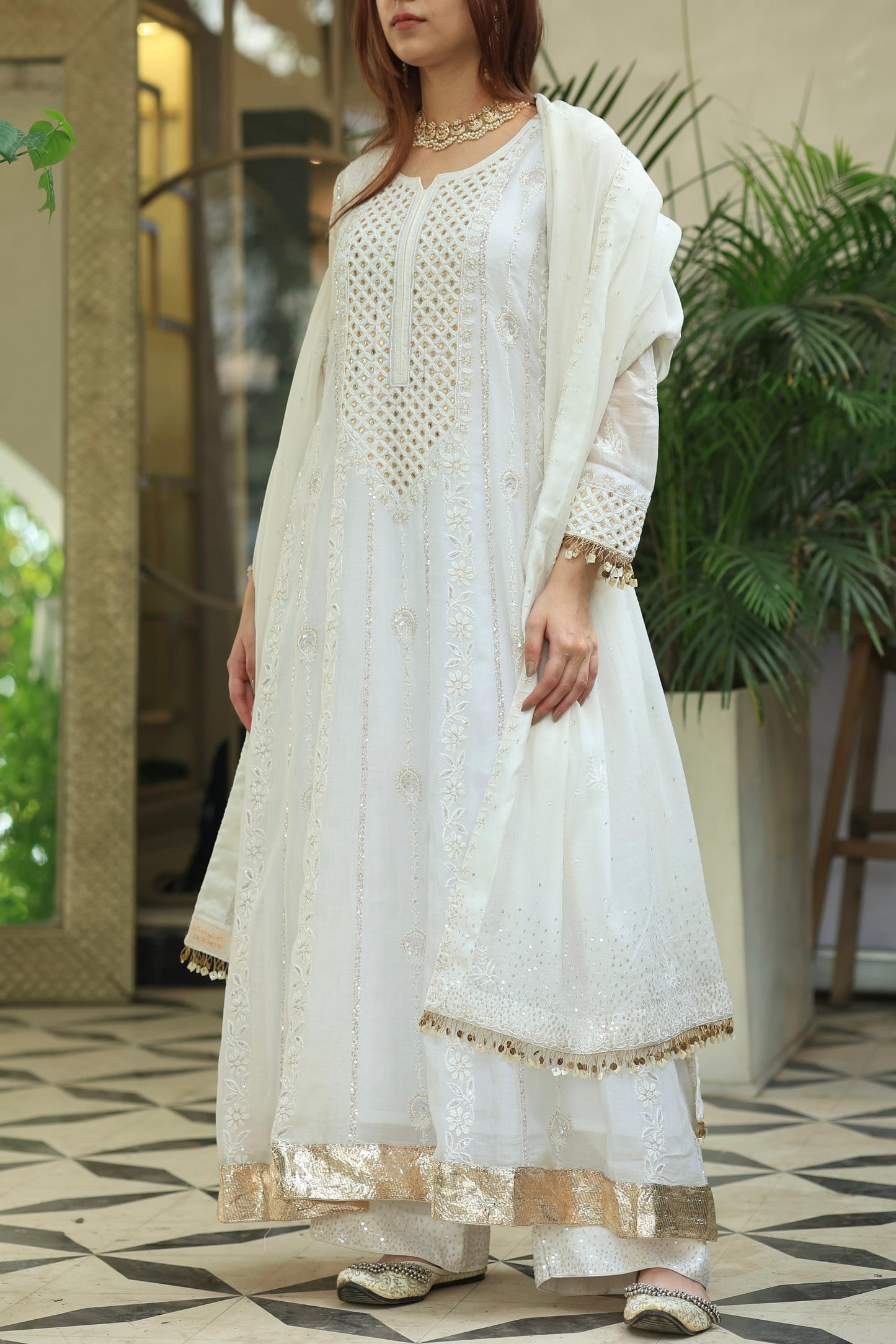 White Malmal Pearl Work Chikankari A Line Kalidar Kurta With Dupatta
