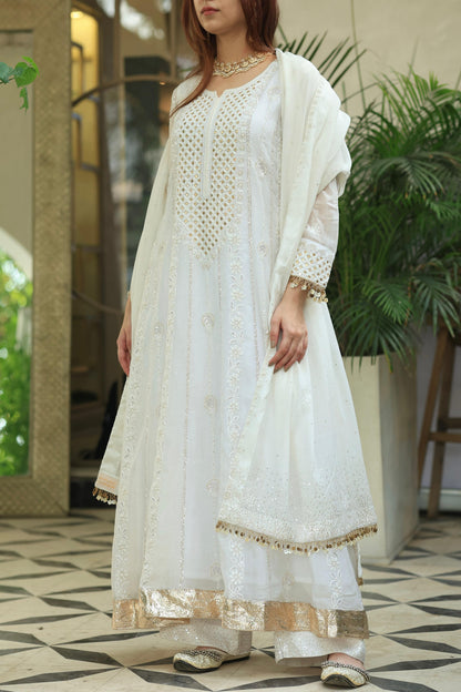 White Malmal Pearl Work Chikankari A Line Kalidar Kurta With Dupatta