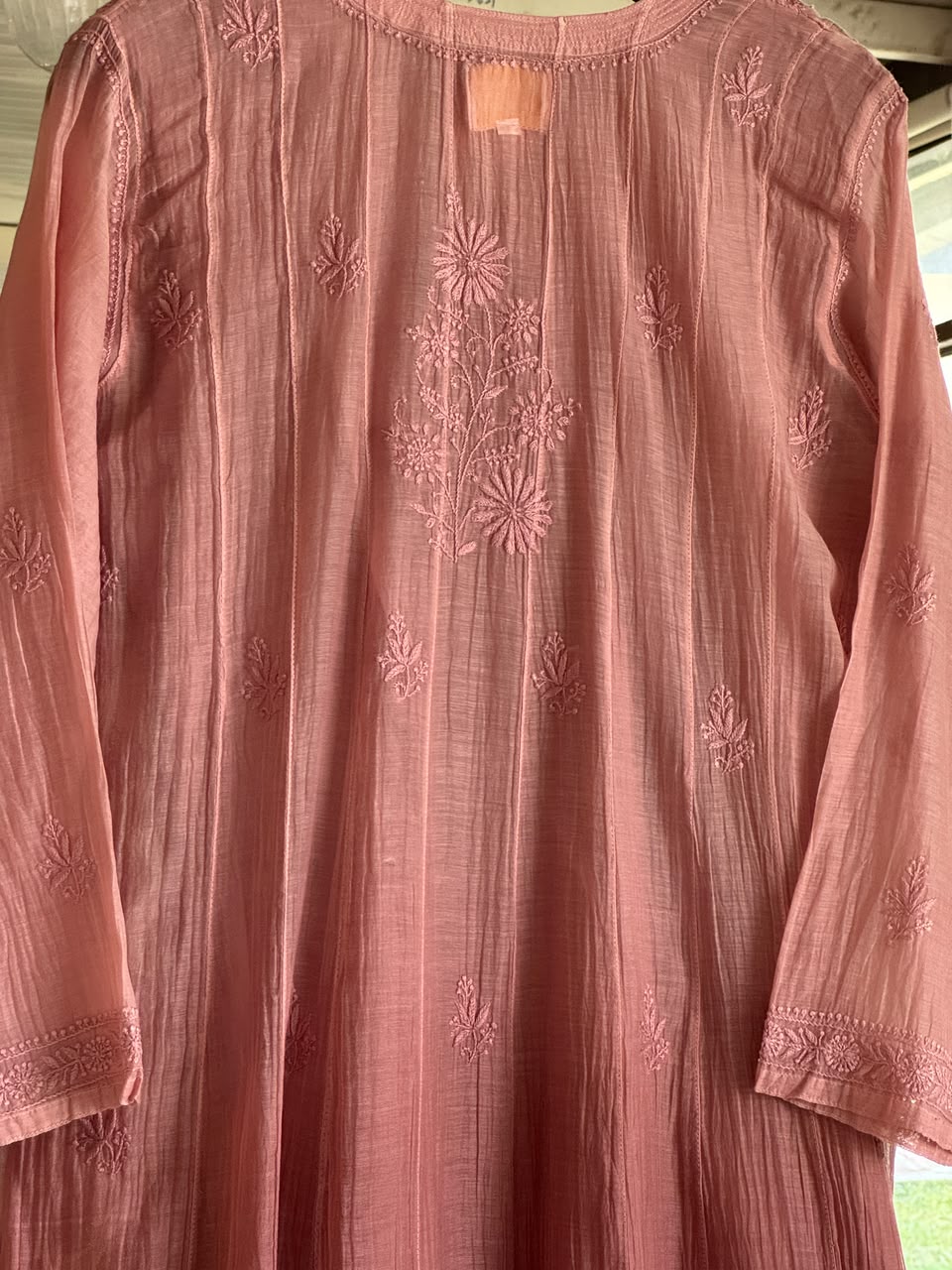 Onion Pink Zari Chanderi Chikankari A Line Kurta with Slip