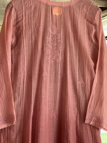 Onion Pink Zari Chanderi Chikankari A Line Kurta with Slip
