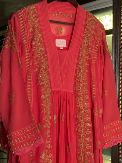 Carrot Pink Chiffon Chikankari Kurta with Lace Detailing