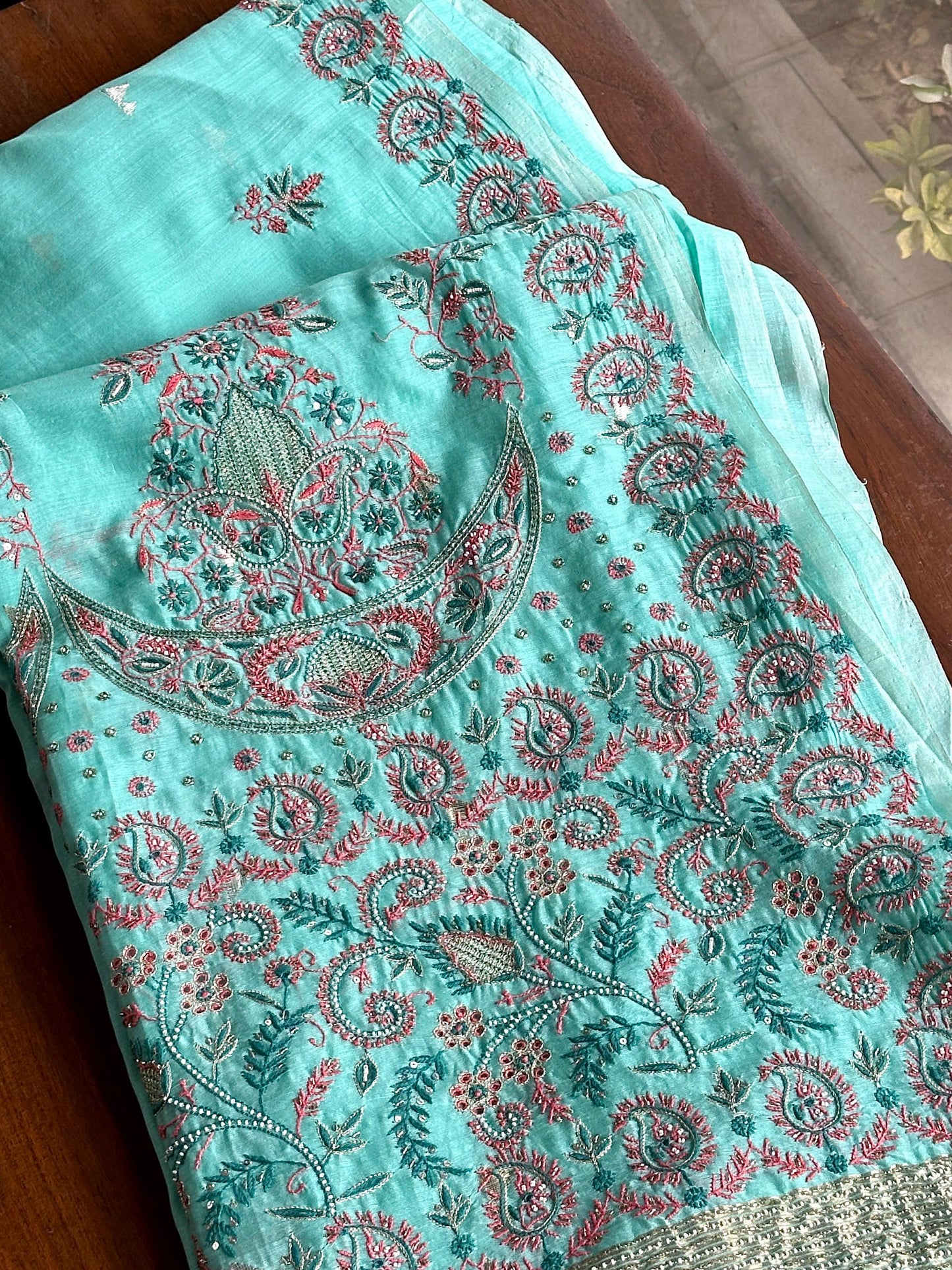 Aqua Green Shade Chanderi Chikankari Saree