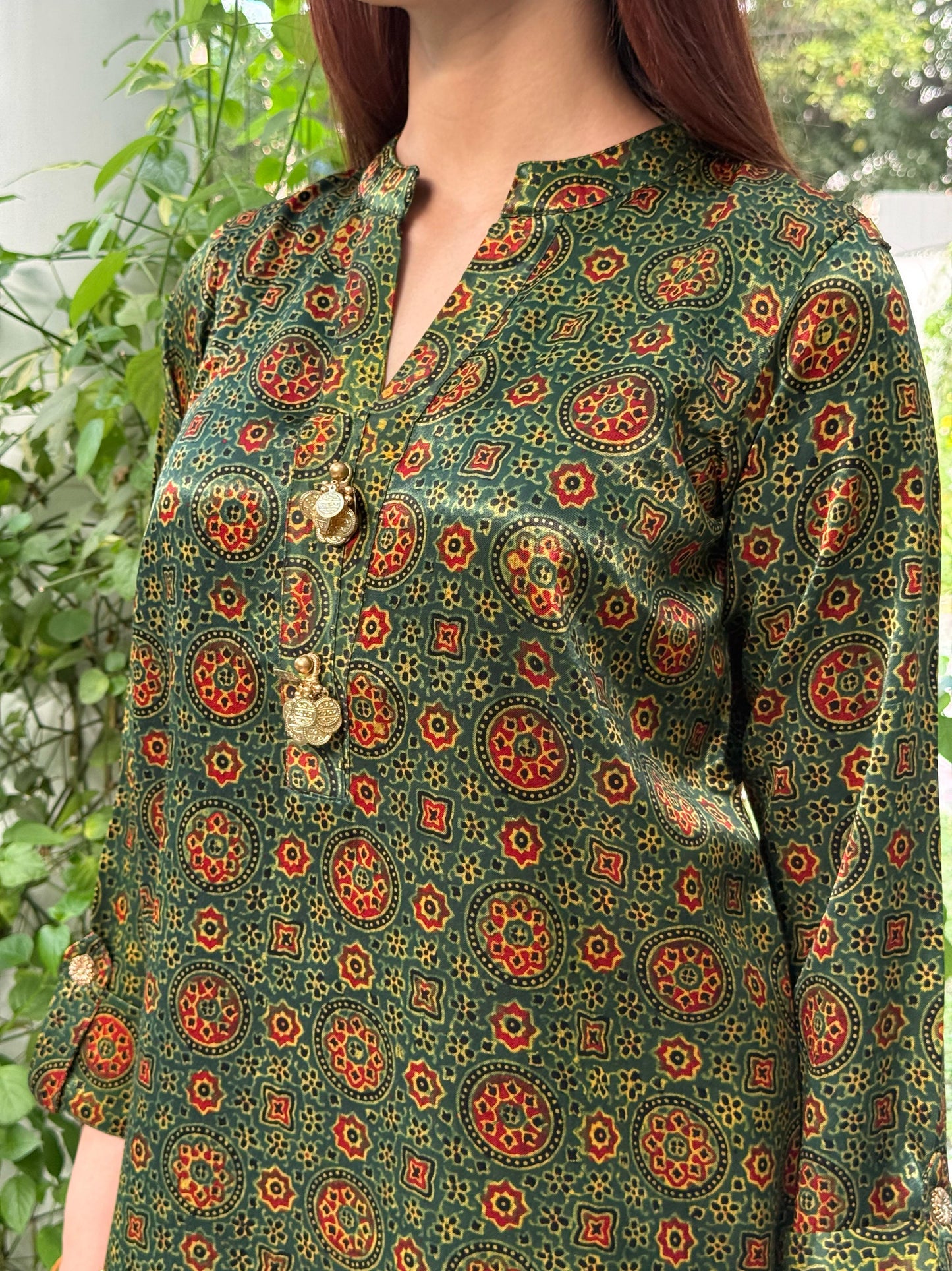 Ajrak Green Multi Shade Mashru Silk, Short Kurta