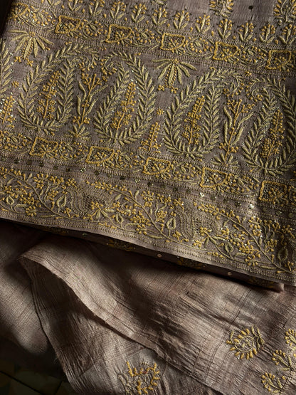 Beige Shade Roheen Tussar Silk Chikankari Fabric