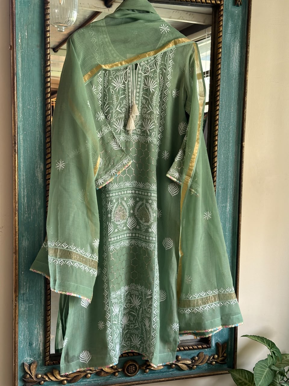 Green Shade Kota Applique Chikankari Kurta Dupatta Set