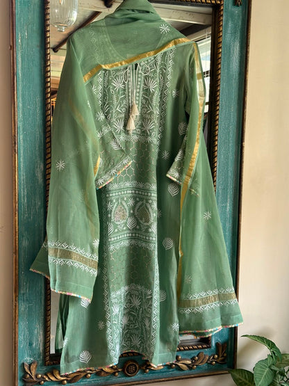 Green Shade Kota Applique Chikankari Kurta Dupatta Set