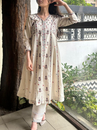 Off White Handspun Malkha Chikankari Panel Tunic