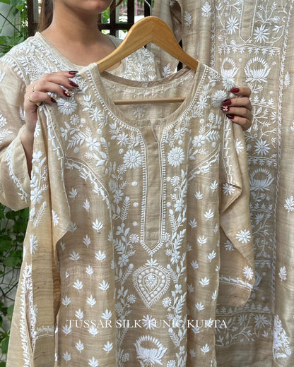 Natural Tussar Silk Chikankari Ready to Wear Kurta Dress