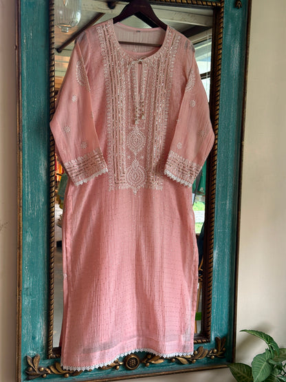 Peach Mal Heavy Chikankari Yoke Kurta Set with Kamdani Mukaish