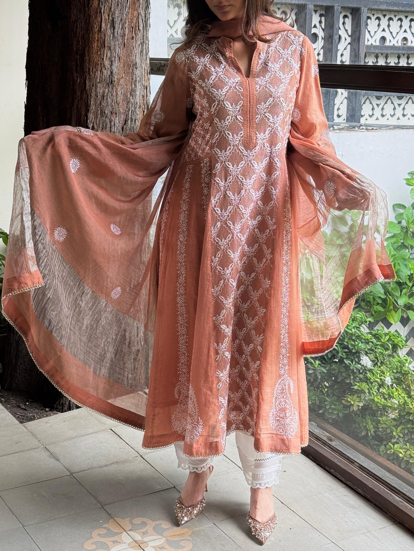 Coral Peach Shade Tissue Silk Chikankari Work Kalidar Kurta Dupatta Set