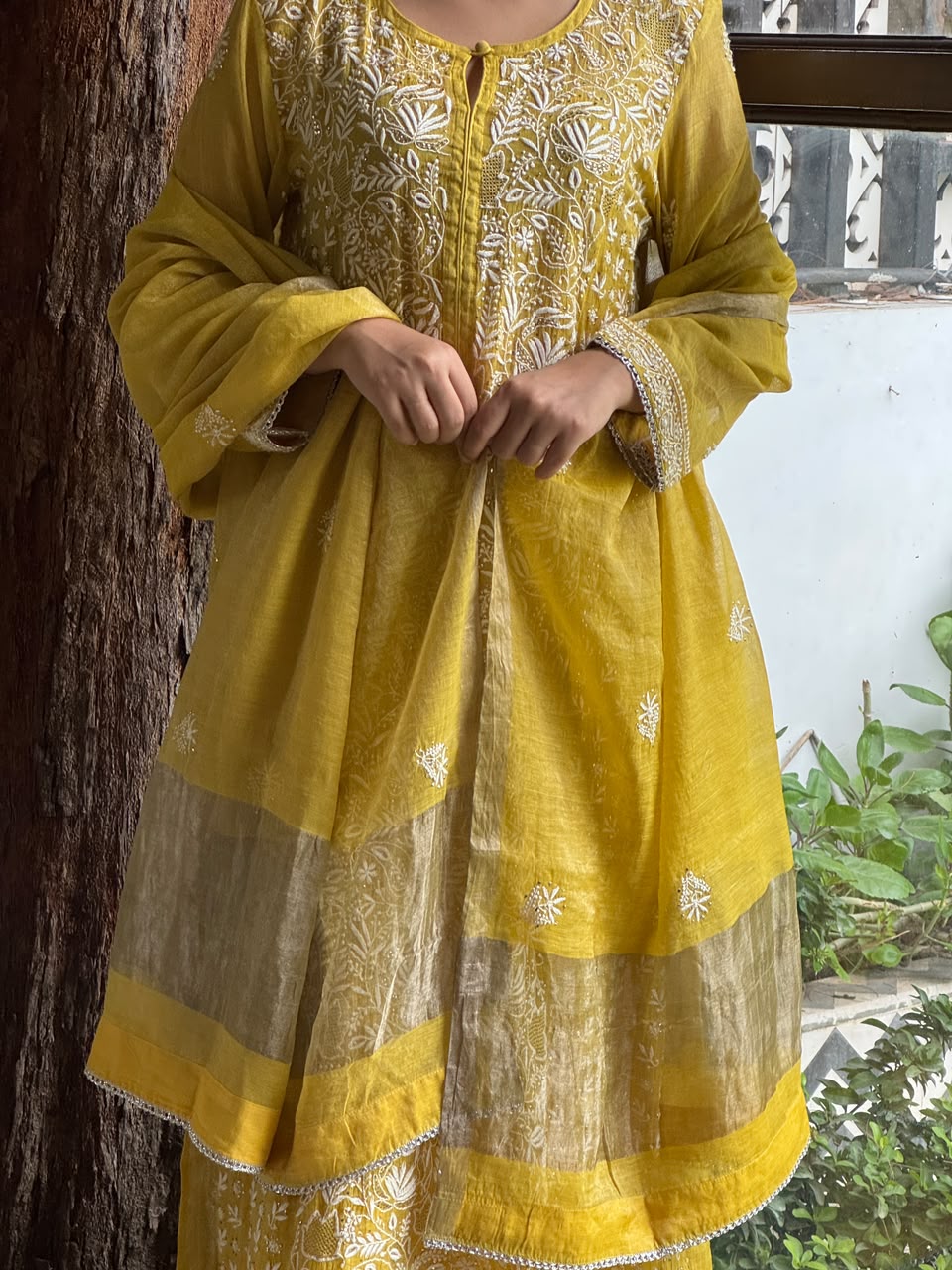 Yellow Tissue Silk Chikankari Straight Cut Kurta Dupatta Set