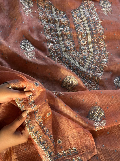 Burnt Peach Shade Tissue Silk Kota Chikankari Unstitched Fabric