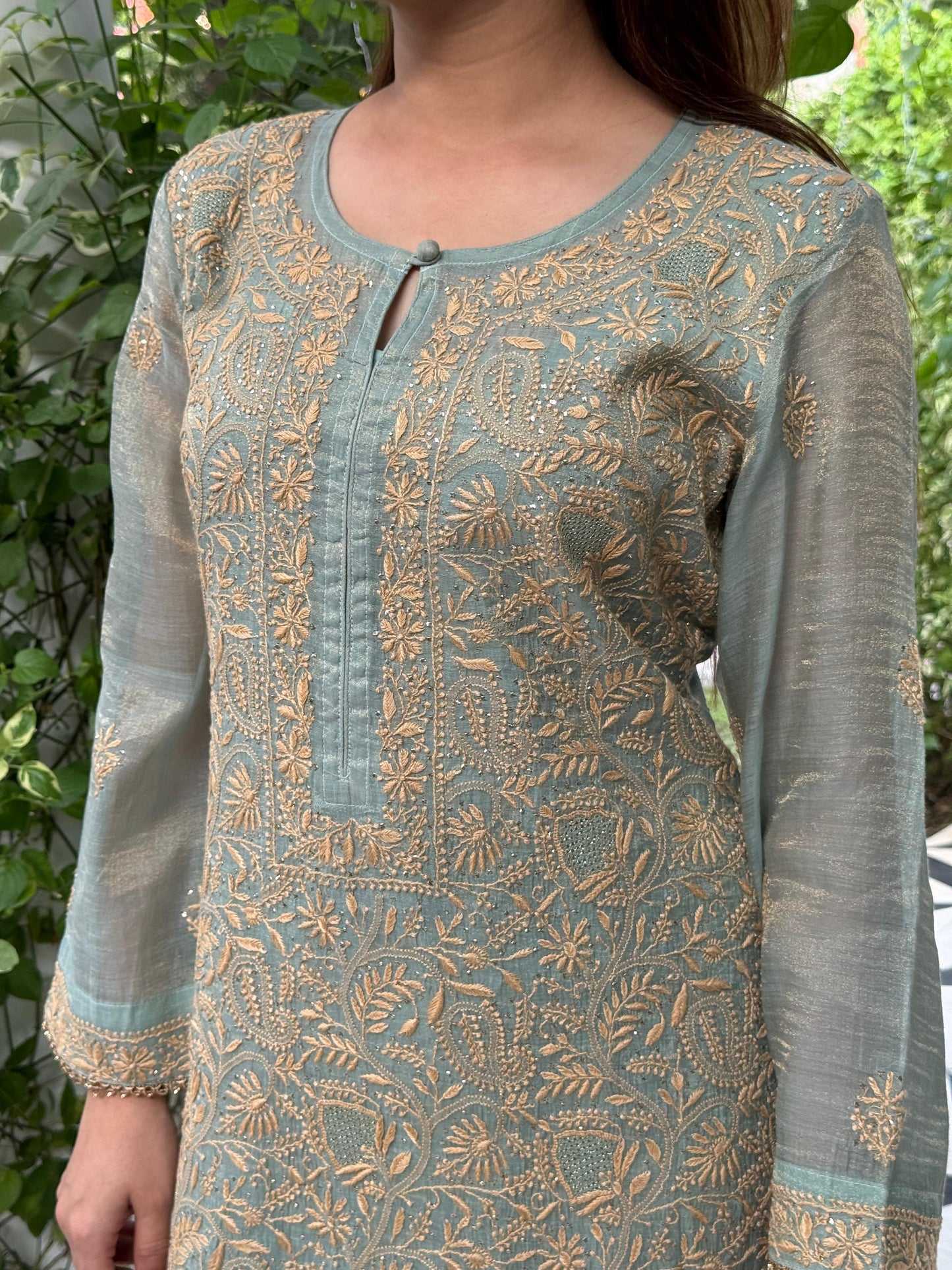 Cement Shade Tissue Silk Chikankari Straight Cut Kurta Dupatta Set